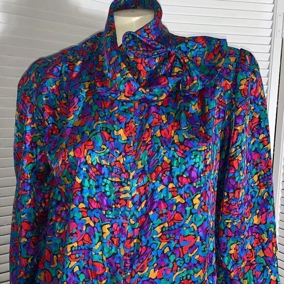 Vintage Colorful Abstract Satin Button Down Bow Tie Blouse Large - Picture 4 of 16